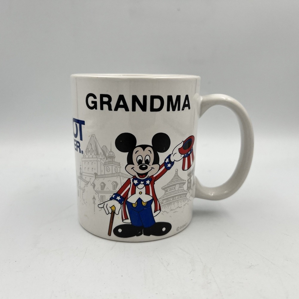 Vintage 80s Disney Epcot Center Mug Grandma Mickey Mouse World Showcase Cup